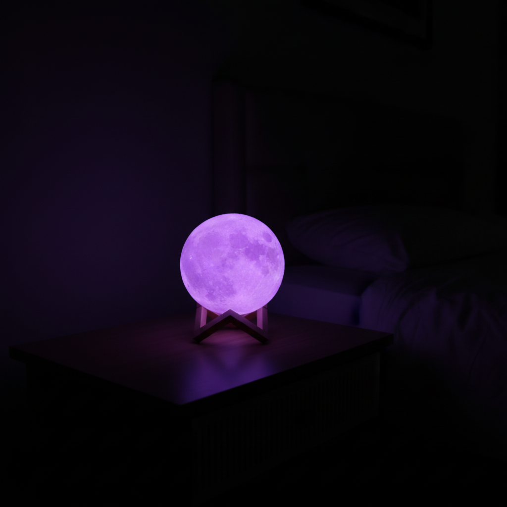 Moon Night Light glowing purple on wooden stand in dark bedroom