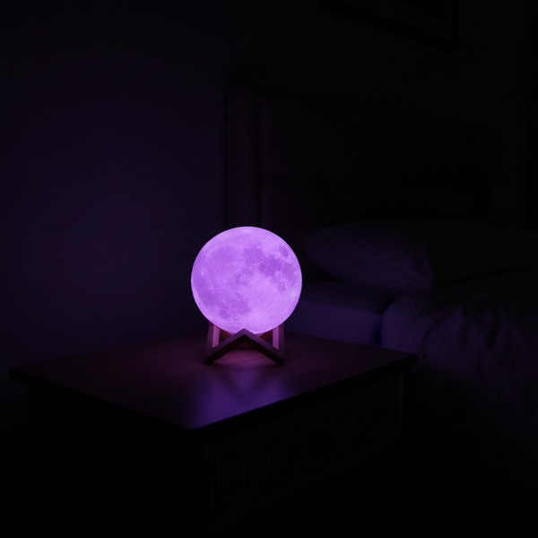 Moon Night Light glowing purple on wooden stand in dark bedroom