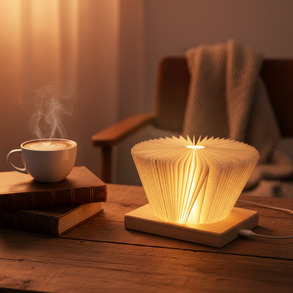 Mini Book Lamp glowing on a cozy wooden desk